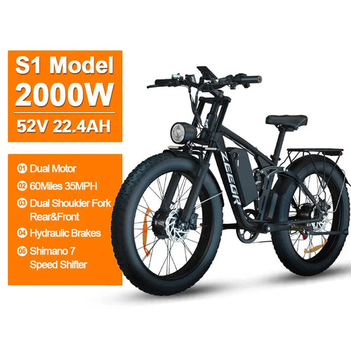 2000W Dual Motor AWD Fat Tire E-Bike | 52V 80-Mile Range