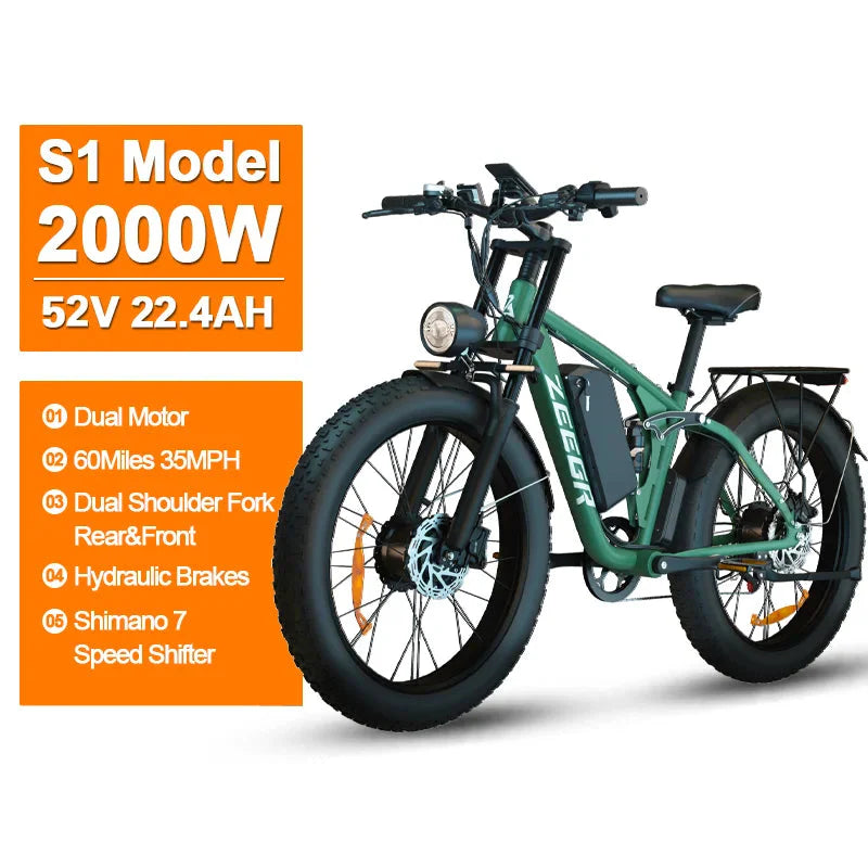 2000W Dual Motor AWD Fat Tire E-Bike | 52V 80-Mile Range