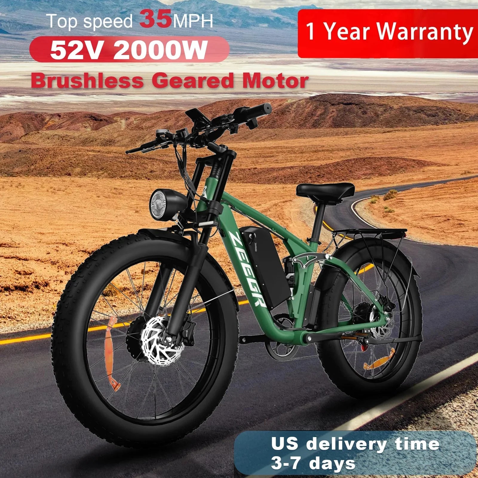 2000W Dual Motor AWD Fat Tire E-Bike | 52V 80-Mile Range