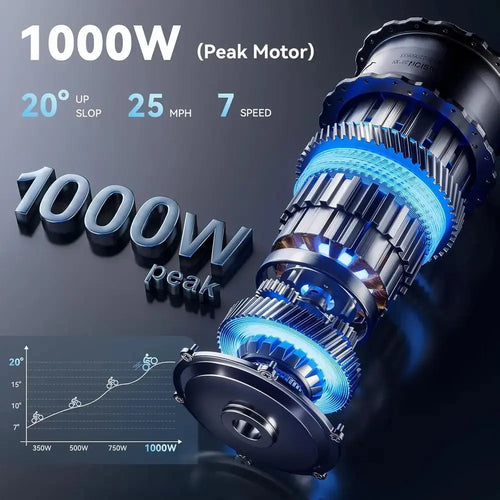 1000W Peak 25MPH Adult Electric Bike, Aluminum Frame, 20'' Fat Tires